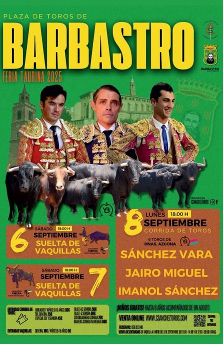 Sánchez Vara, Imanol Sánchez y Jairo Miguel, terna de la Feria Taurina de Barbastro 2025