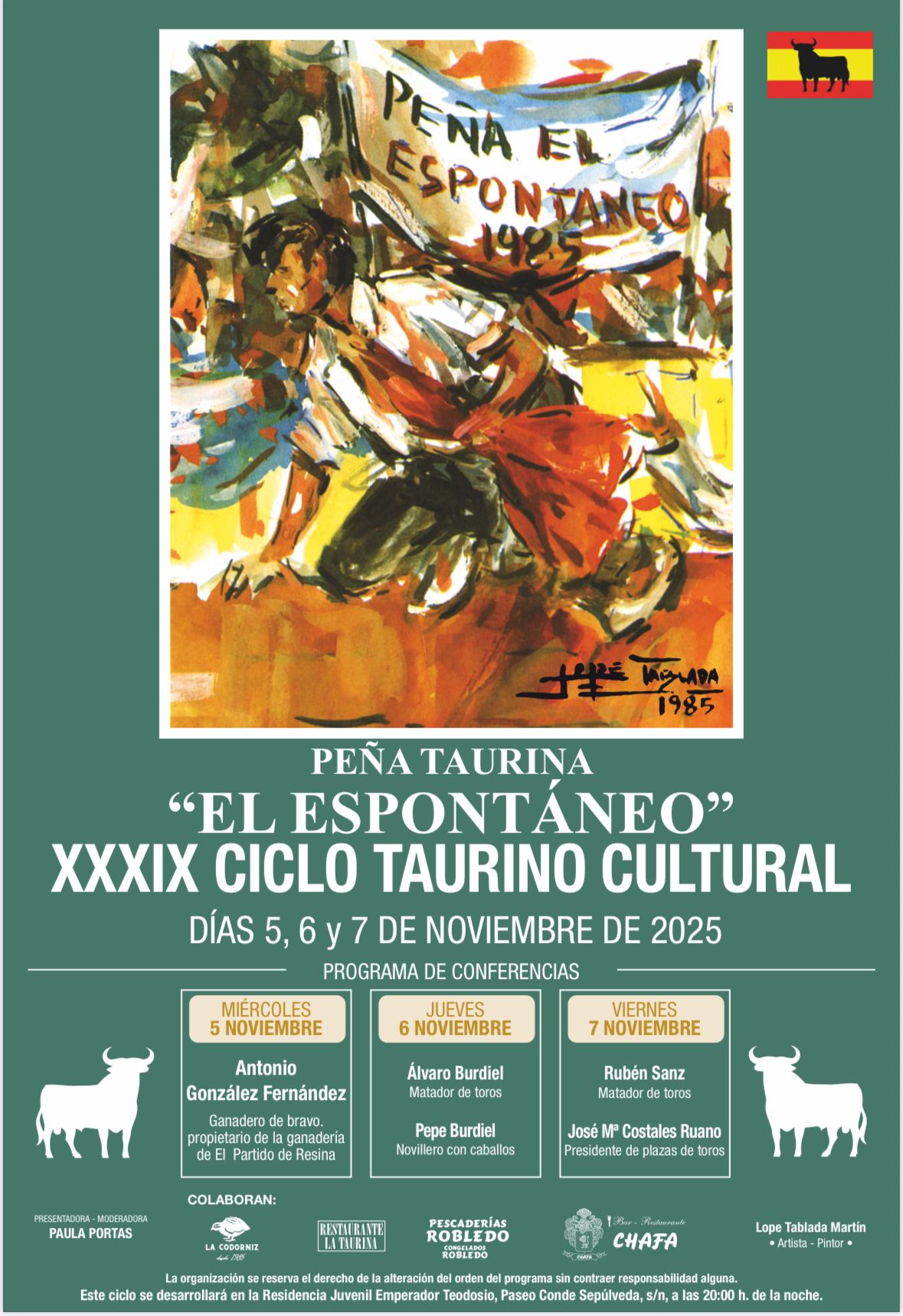 La Peña Taurina “El Espontáneo” inaugura hoy su XXXIX Ciclo Taurino Cultural con un cartel de lujo