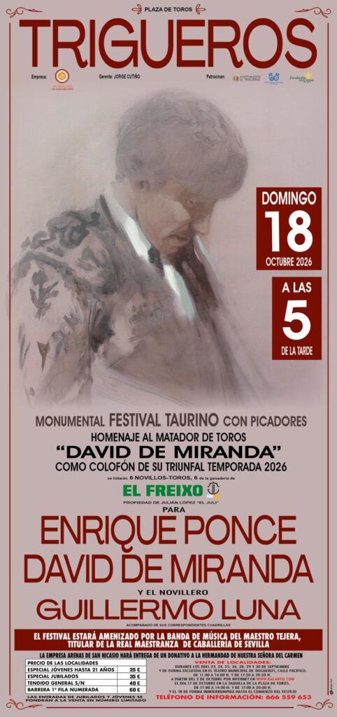 Enrique Ponce regresará a los ruedos en el homenaje a David de Miranda en Trigueros