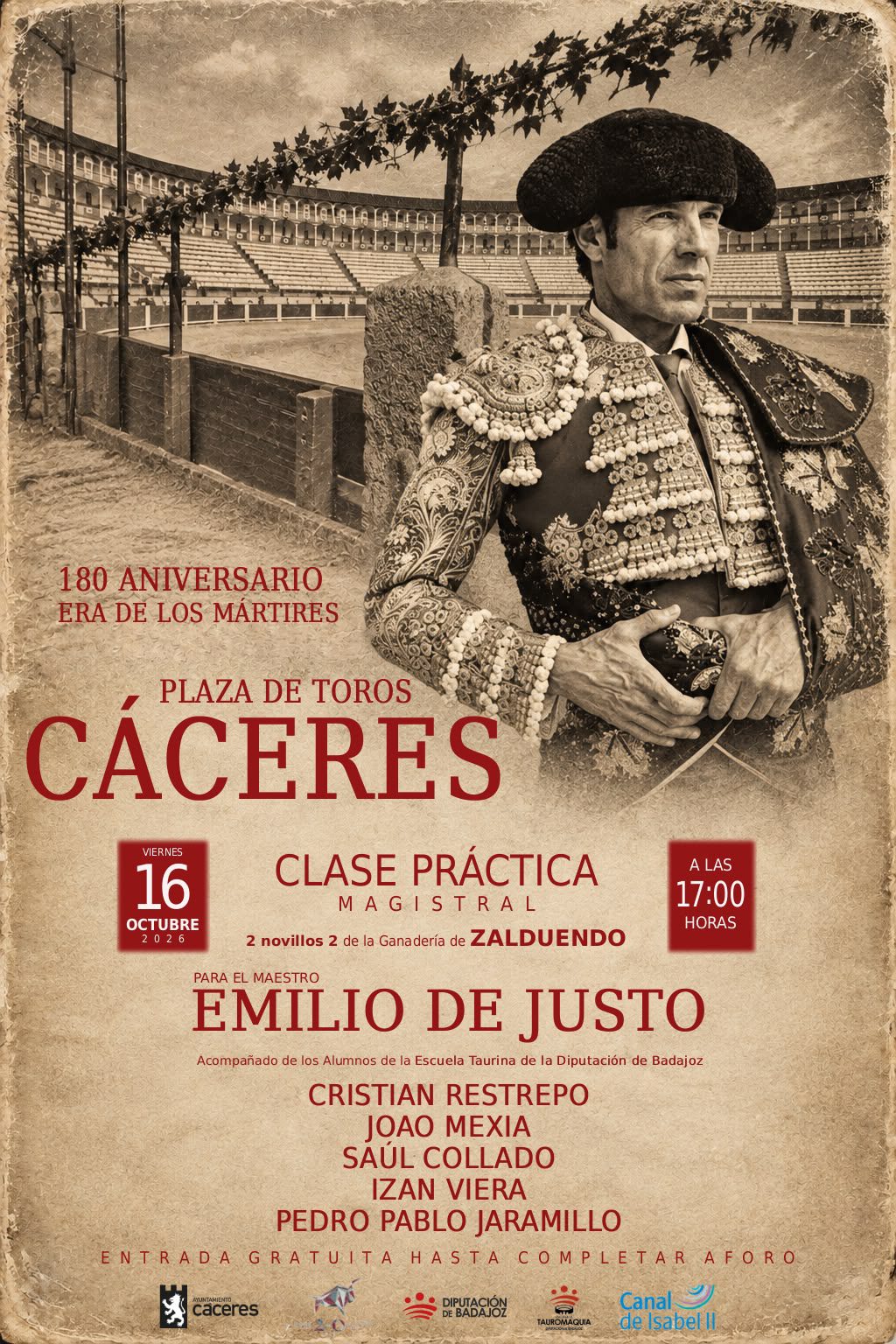 Emilio de Justo protagonizará una clase práctica magistral por el 180 aniversario de la plaza de Cáceres